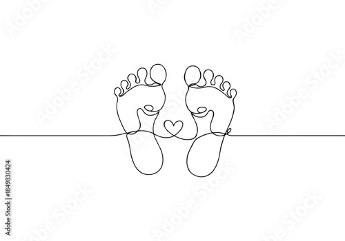 A continuous line drawing of two baby footprints forming a heart shape, representing love and family in a simple, elegant design