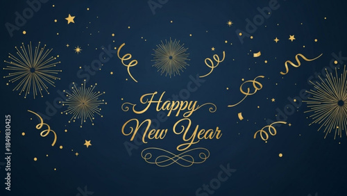 Happy New Year Celebration Background with Gold Fireworks and Confetti