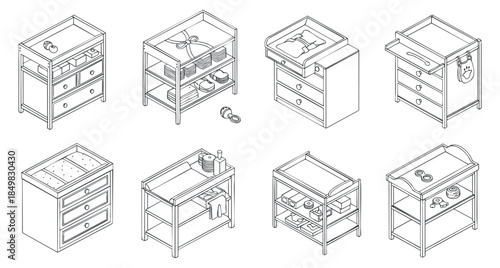 A collection of kitchen cabinets and storage units in outline vector style, suitable for interior design projects