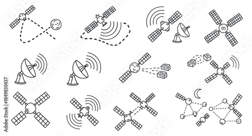 A collection of various satellite icons in a minimalist line art vector style, suitable for technology and communication projects