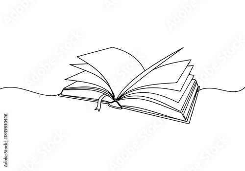 Continuous line drawing of an open book, representing knowledge and education with elegant simplicity