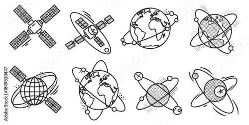 A collection of outline vector illustrations featuring satellites, Earth, and orbiting planets in a geometric style, suitable for educational and technological projects