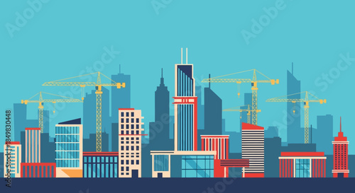 Modern Cityscape with Construction Cranes and Buildings in Flat Design Style