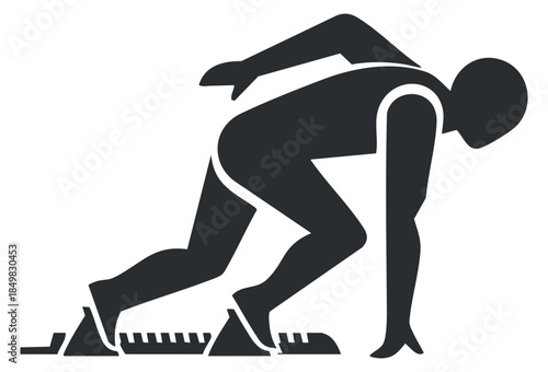 A silhouette of a sprinter in a starting position on track blocks in black vector style, ideal for sports-related designs