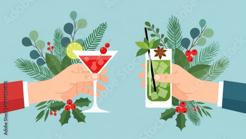 Festive Holiday Cocktail Party with Red Martini and Green Mojito Drinks
