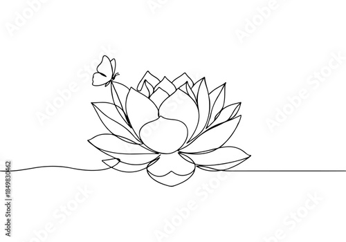 Single continuous line drawing of a beautiful blooming lotus flower with a butterfly resting on a petal, symbolizing purity and peace, artistic rendering
