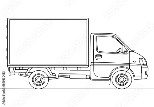 Continuous line drawing of a delivery truck in black and white, side view, showcasing its utility and transport capabilities