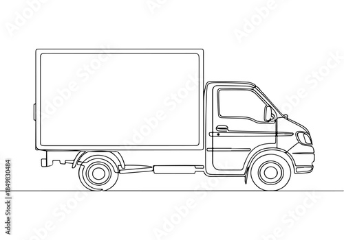 A continuous line drawing of a delivery truck, illustrating a simple artistic representation of a vehicle used for cargo transport
