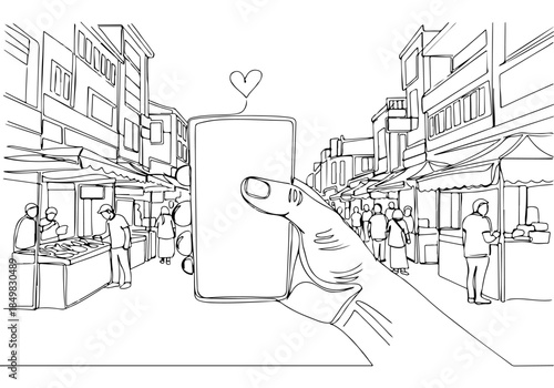 Continuous line drawing of a hand holding a smartphone with a heart icon, set against a vibrant marketplace background, showcasing a modern shopping experience