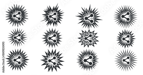 A collection of starburst shapes with heart motifs in black and white modern vector style, ideal for creative projects and designs