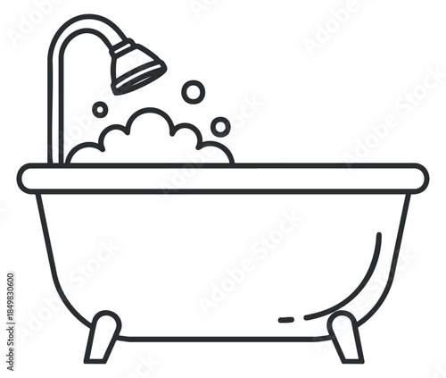 A bathtub with a showerhead and bubbles in minimalist outline vector style, perfect for bathroom design and wellness themes
