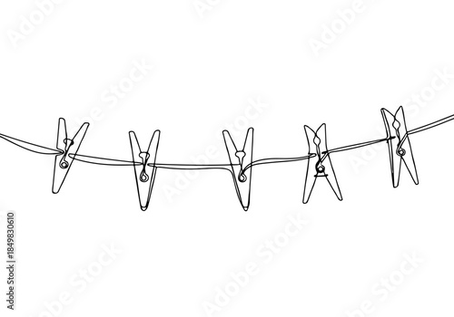 A minimalist continuous line drawing showcasing five clothespins clipped onto a clothesline, set against a clean white background