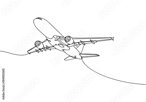 Continuous line drawing of a modern passenger jet airplane taking off, concept of travel and flight