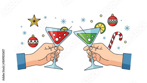 Christmas Celebration Cocktail Toast with Friends, Holiday Drinks and Decorations