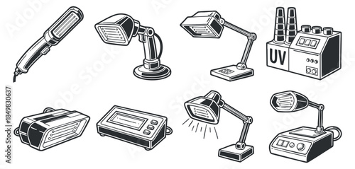 A collection of various desk and floor lamps, including UV and worklights in black and white minimalist vector style, perfect for interior design and workspace projects