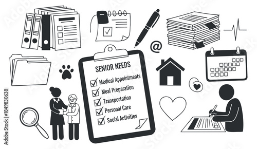 A collection of icons depicting senior needs, including medical appointments and meal preparation, in black and white vector style, ideal for health and wellness projects