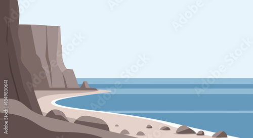 Minimalist Vector Landscape of a Rocky Coastline with Sea and Cliffs under a Bright Sky