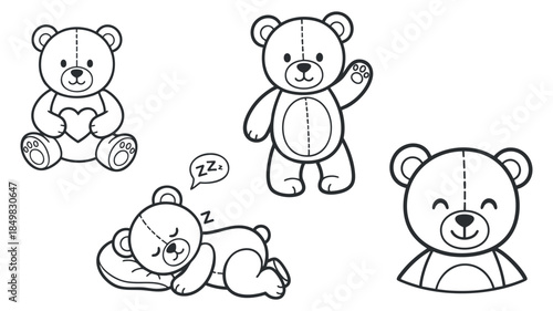 A collection of cute teddy bear illustrations in black and white outline vector style, ideal for children's products and designs