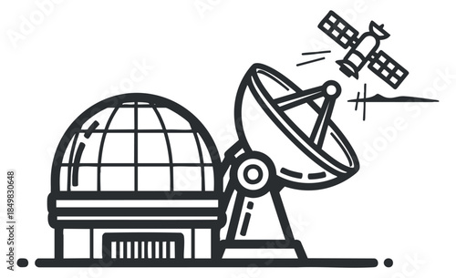 A satellite dish and observatory dome in black and white outline vector style, ideal for technology and science projects