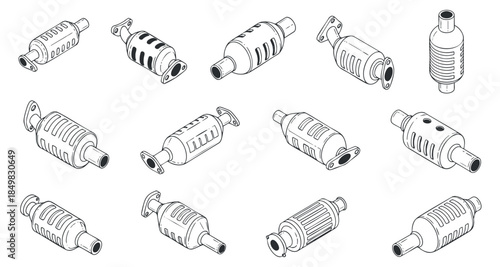 A collection of various car exhaust mufflers in black and white outline vector style, suitable for automotive design and engineering projects