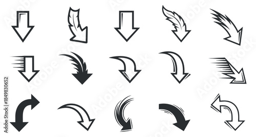 A collection of dynamic arrow icons in black and white vector style, suitable for web design and navigation elements
