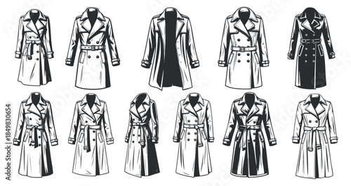 A collection of trench coat designs in black and white minimalist vector style, suitable for fashion and clothing branding