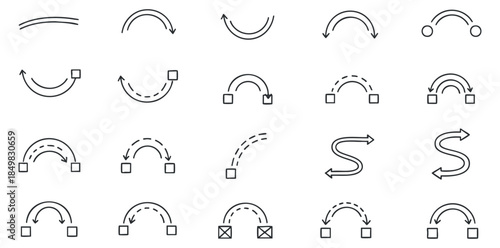 A collection of various curved and directional arrows in minimalist black and white vector style, suitable for graphic design and navigation elements