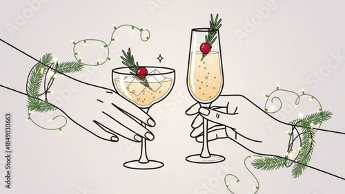 Festive Holiday Drinks, Christmas Cocktail Illustration with Champagne Glasses and Cranberries