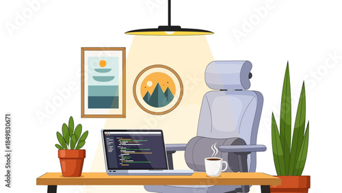 Modern Office Chair with Laptop on Desk.