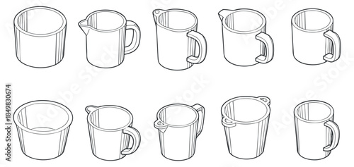 A set of various cups, mugs, and pitchers in simple outline vector style, perfect for kitchenware design and branding