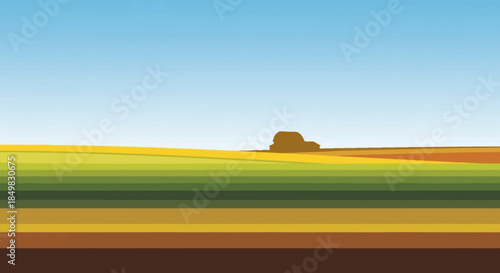 Abstract Landscape with Farmhouse Silhouette and Colorful Horizontal Stripes Illustration