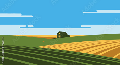 Minimalist farm landscape with barn illustration evoking a sense of peace and tranquility rural