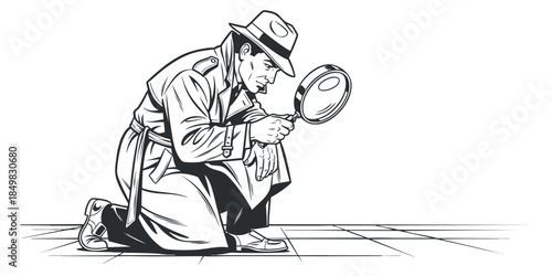 A detective kneeling with a magnifying glass in black and white outline vector style, suitable for mystery and crime-themed projects