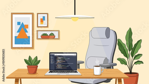 Modern Office Desk with Laptop and Chair.