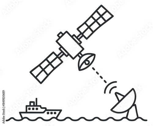 A satellite transmitting signals to a ship via a ground station in black and white outline vector style, ideal for technology and communication projects