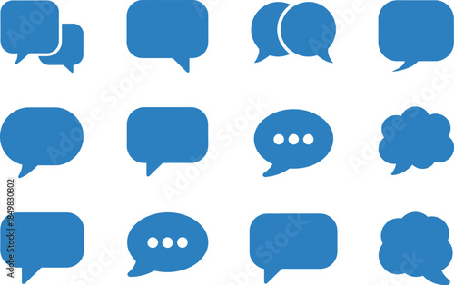 Collection of twelve distinct blue speech bubble icons representing various forms of digital communication and messaging concepts on a white background