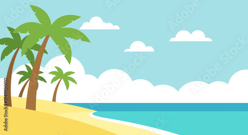 Tropical beach paradise illustration with palm trees clouds and blue sea scenery evoking a sense
