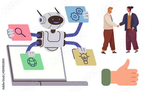 Robot multitasking with knowledge, search, idea, and global icons two people shaking hands symbolizing collaboration thumbs-up gesture for approval. Ideal for AI, innovation, teamwork, productivity