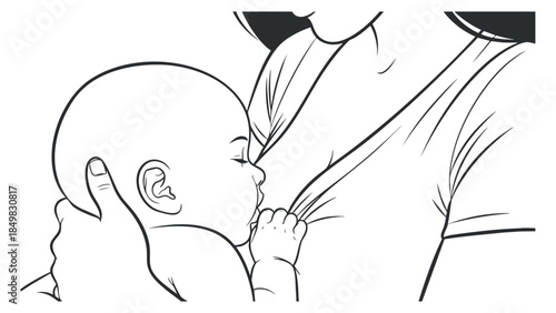 A mother breastfeeding her baby in minimalist line art vector style, perfect for parenting and health-related projects