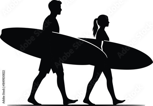 Black silhouette of a man and woman carrying surfboards walking on the beach representing summer vacation water sports and active lifestyle