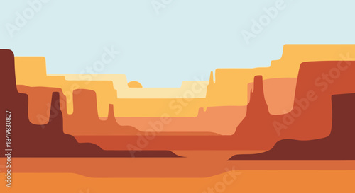 Minimalist Flat Vector Illustration of a Desert Canyon Landscape at Sunrise or Sunset