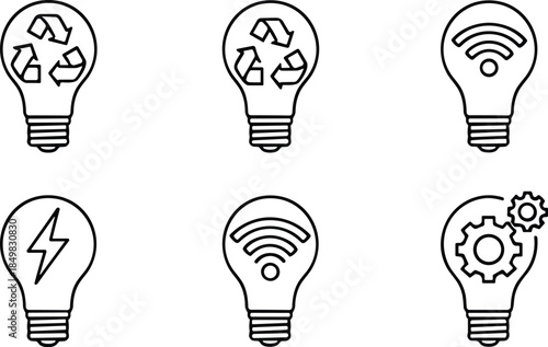 Smart energy and innovation icon set featuring eco light bulbs, recycling, wireless technology and power efficiency outline vector symbols