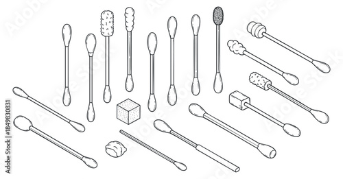 A collection of various cotton swabs in outline minimalist vector style, perfect for health and hygiene-related designs