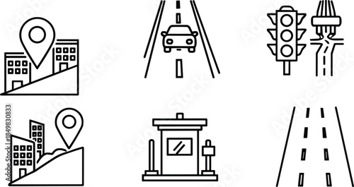 Urban navigation and road infrastructure icon set featuring city maps, traffic lights, highways, checkpoints and transportation outline vector symbols