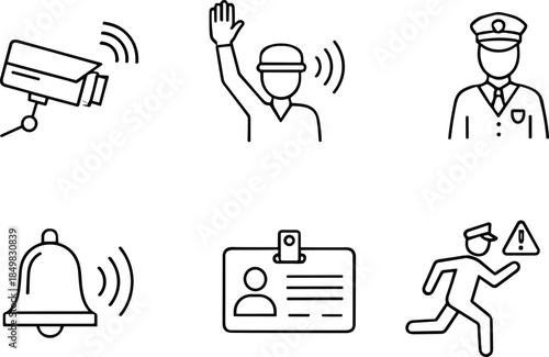 Security and surveillance icon set featuring CCTV monitoring, access control, alarms, identification badges and emergency response outline vector symbols