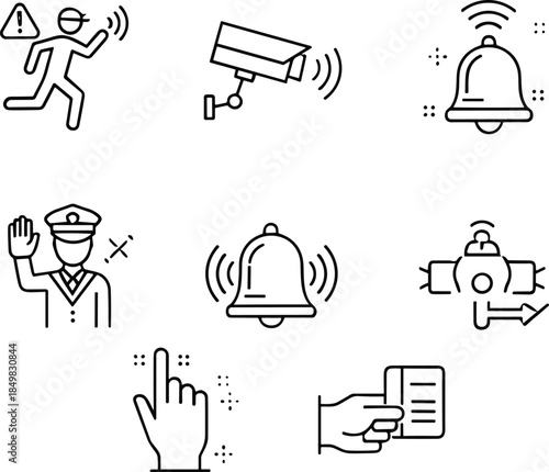 Security and surveillance icon set featuring CCTV cameras, alarms, police control, access systems and emergency warning outline vector symbols