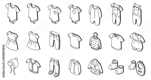 A collection of baby clothing icons including onesies, dresses, hats, and socks in outline vector style, perfect for children's fashion design