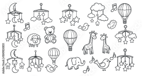 A collection of cute baby-themed illustrations including animals, balloons, and musical notes in black and white outline vector style, ideal for nursery decor and children's projects