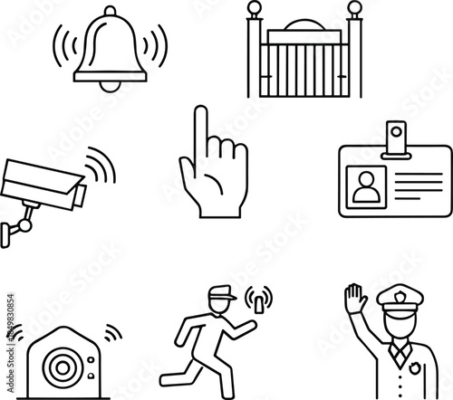 Security and access control icon set featuring surveillance cameras, alarms, identification badges, emergency alerts and public safety outline vector symbols
