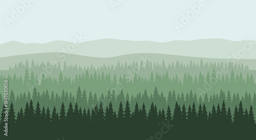 Serene forest landscape with layered trees and distant mountains creating a peaceful scene